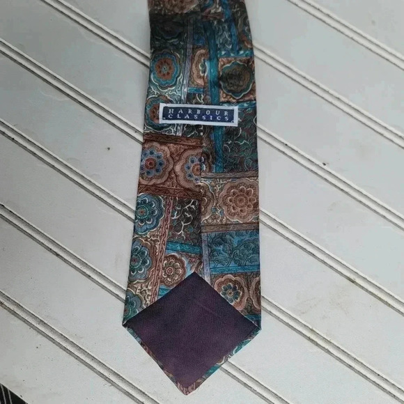 Harbour Classics Mens Neck Tie Blue Teal Green Brown Floral Paint Graphics 3.75" - Picture 4 of 8